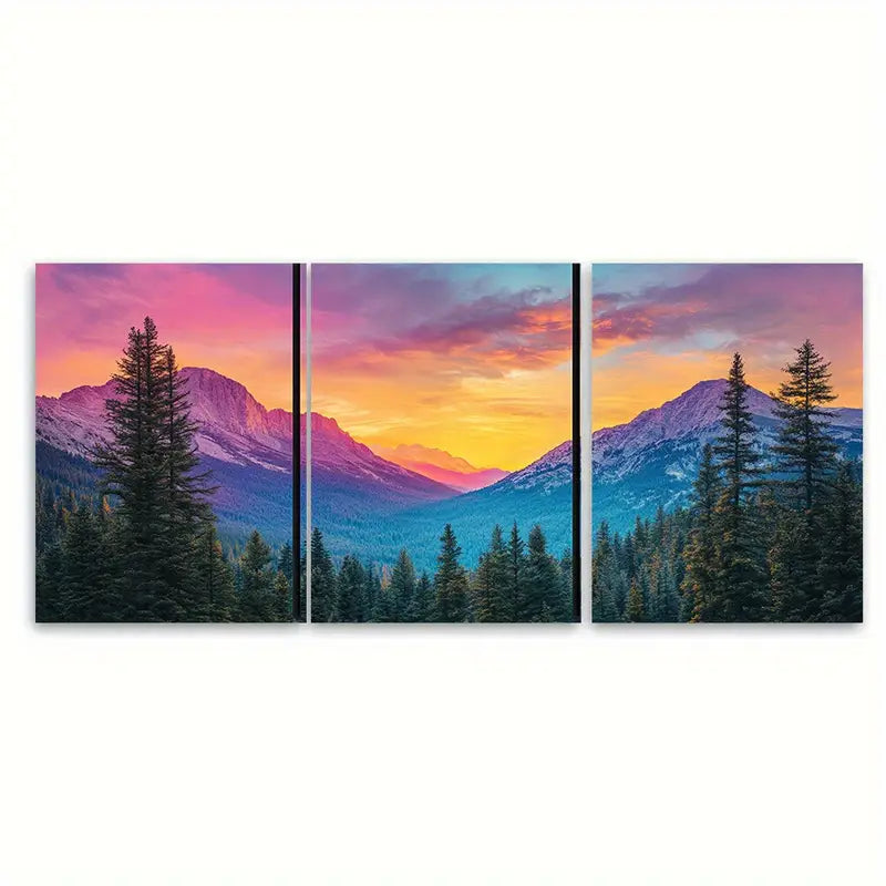 3pcs Vibrant Sunset Forest Mountain Wall Art Set Canvas Framed 40x60cm - High Quality Print 100% Australian Made Wall Canvas Ready to Hang