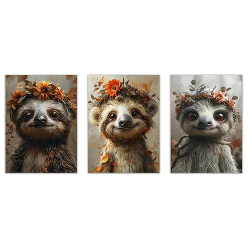3pcs Cute Autumn Sloth Flower Crown Wall Art Set Canvas Framed 50x70cm - High Quality Print 100% Australian Made Wall Canvas Ready to Hang - Bella Home Decor