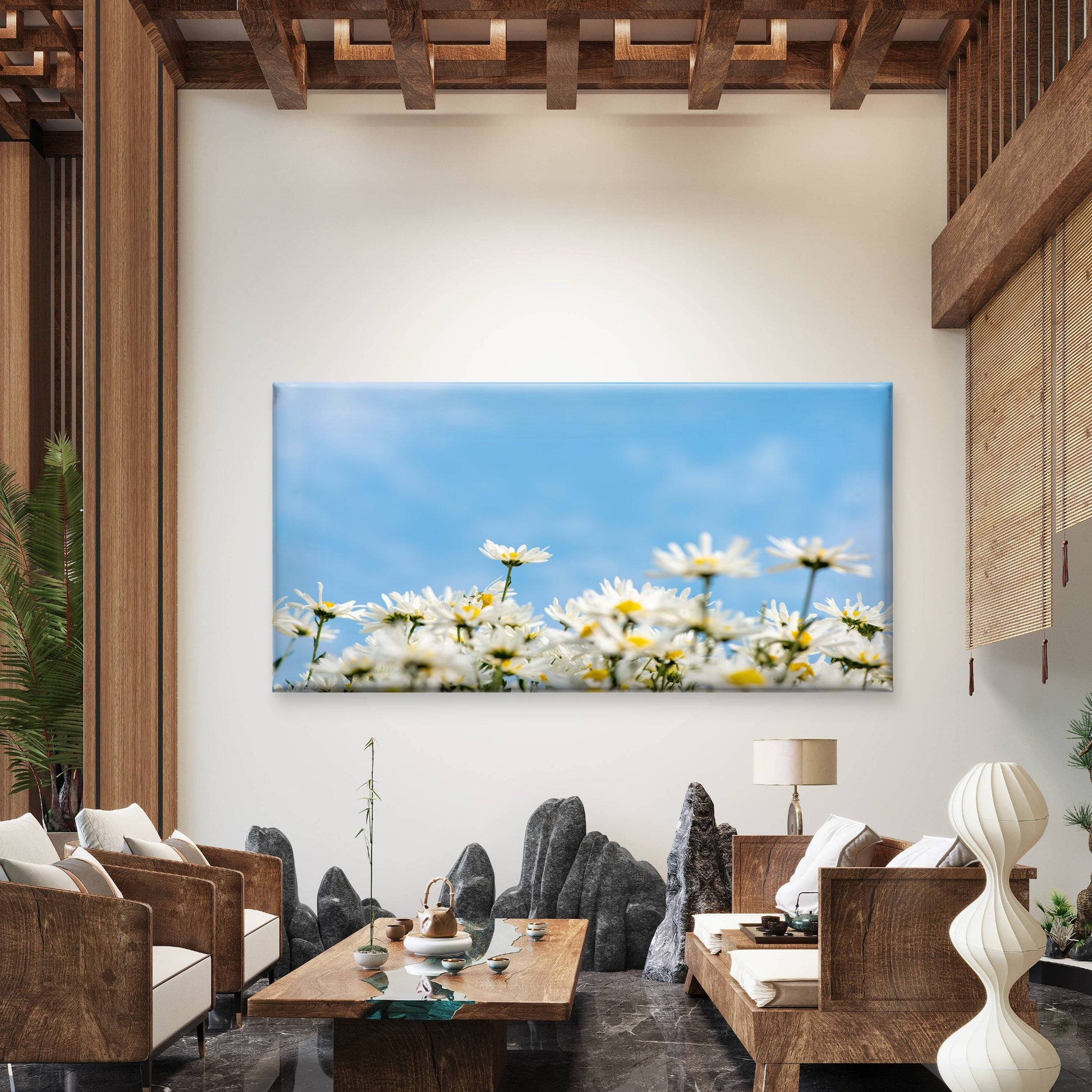 White Daisies Sunny Sky Wall Art Canvas Office Home Room Framed 120x60cm - Bella Home Decor