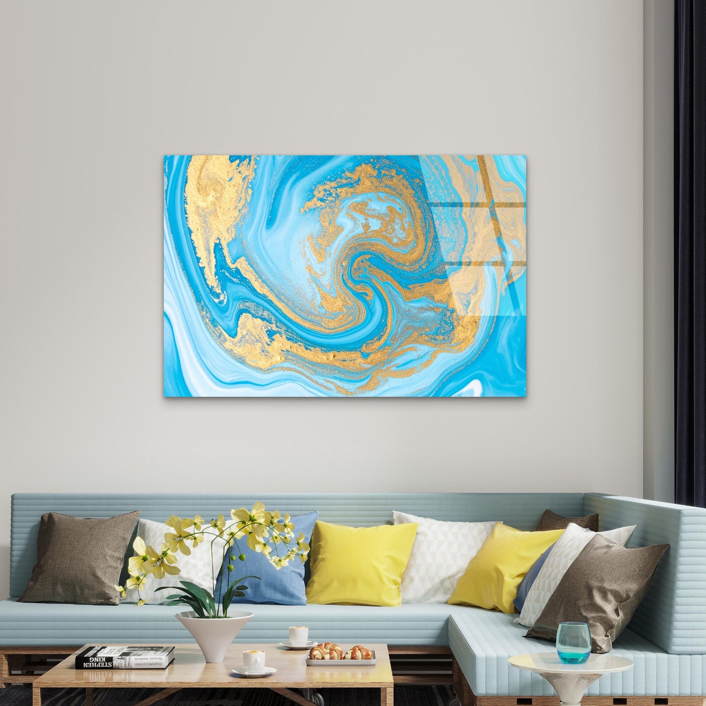 Abstract Turquoise Blue Fluid Alcohol  Acrylic Glass Printing Wall Art Australian Made Quality