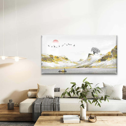 Mountains & Lake with Birds Wall Art Canvas Office Home Room Framed 120x60cm - Bella Home Decor