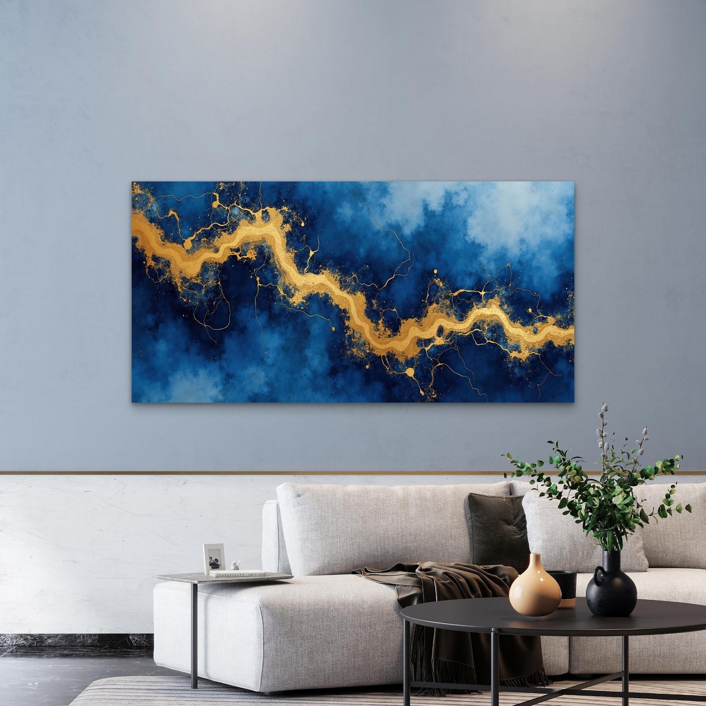Azure Gold Marble Effect Wall Art Canvas Office Home Room Framed 120x60cm