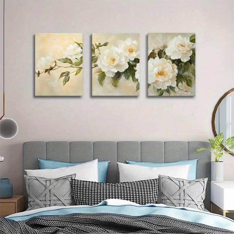 3pcs Elegant White Peony & Greenery Metal Print Ready to Hang Art