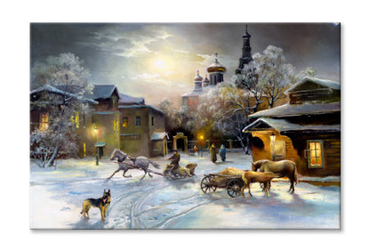 Rural Winter Village Oil Painting Wall Art Limited Edition High Quality Print Stretched Canvas None