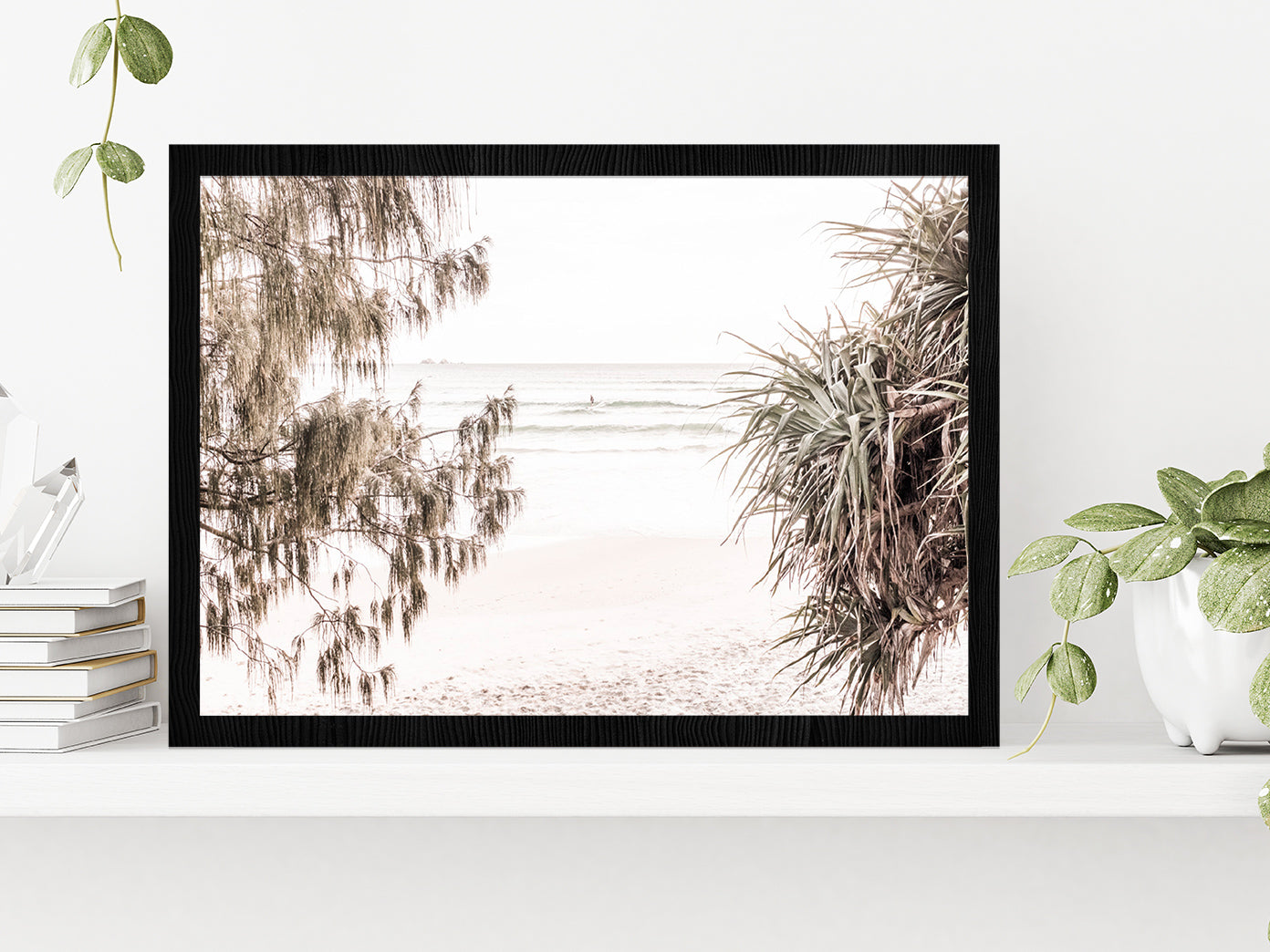 Trees near Sandy Seashore Faded Photograph Glass Framed Wall Art, Ready to Hang Quality Print Without White Border Black