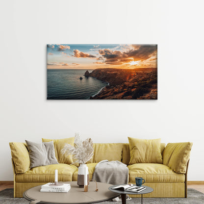 Autumn Sea with Warm Sunset Light Rocky Coastline Wall Art Canvas Office Home Room Framed 120x60cm