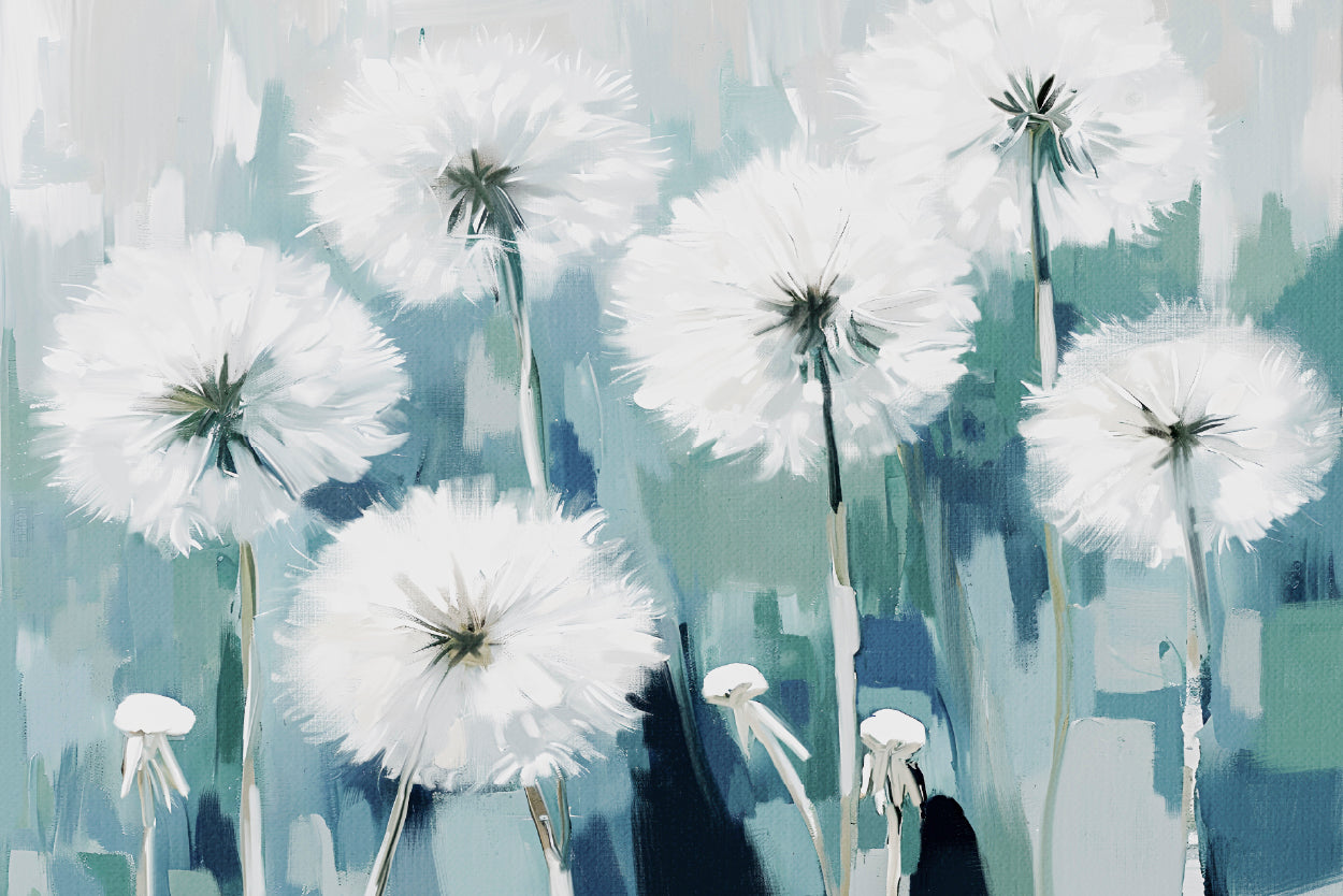 Oil Painting of White Dandelion Blue Green Abstract Wall Art Decor 100% Australian Made