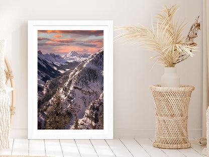 Maroon Bells & Vibrant Sunset Glass Framed Wall Art, Ready to Hang Quality Print With White Border White