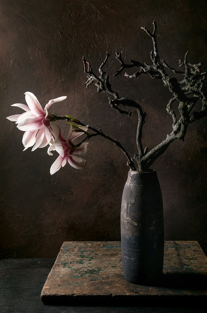 Pink Magnolia Blossoms Ikebana Dark Ceramic Vase 40x60cm Metal Print Ready to Hang - Bella Home Decor