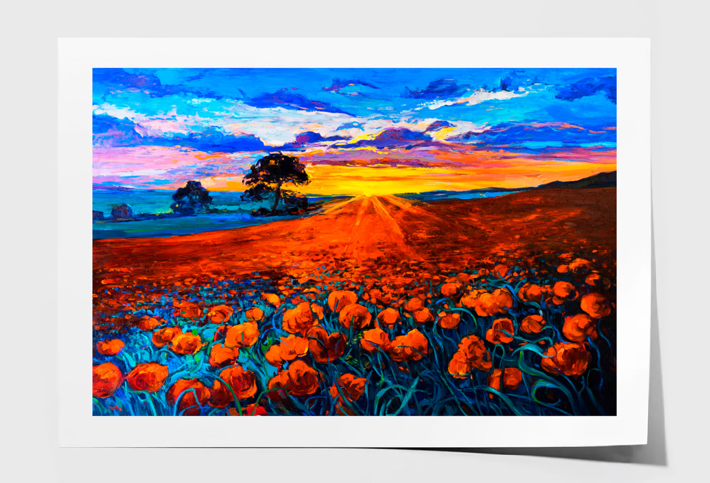 Poppy Field, Sunset Oil Painting Wall Art Limited Edition High Quality Print Unframed Roll Canvas None