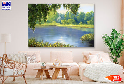 Green Plants on River & Forest Oil Painting Wall Art Limited Edition High Quality Print