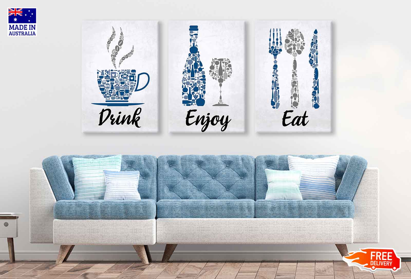 3 Set of Drink Eat Enjoy Vector Art High Quality Print 100% Australian Made Wall Canvas Ready to Hang