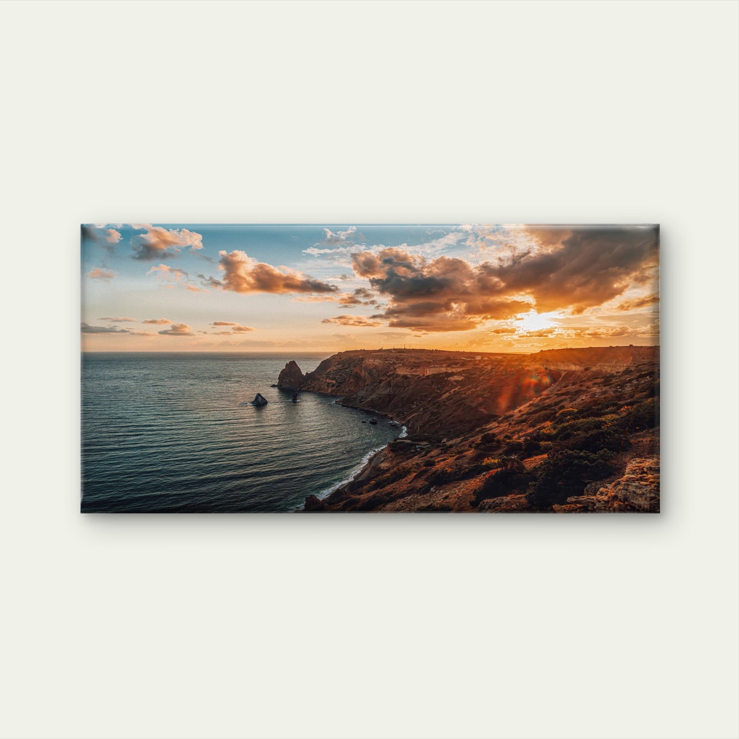 Autumn Sea with Warm Sunset Light Rocky Coastline Wall Art Canvas Office Home Room Framed 120x60cm