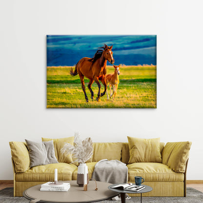 Brown Horse and Foal Running in Field Wall Art Decor 100% Australian Made