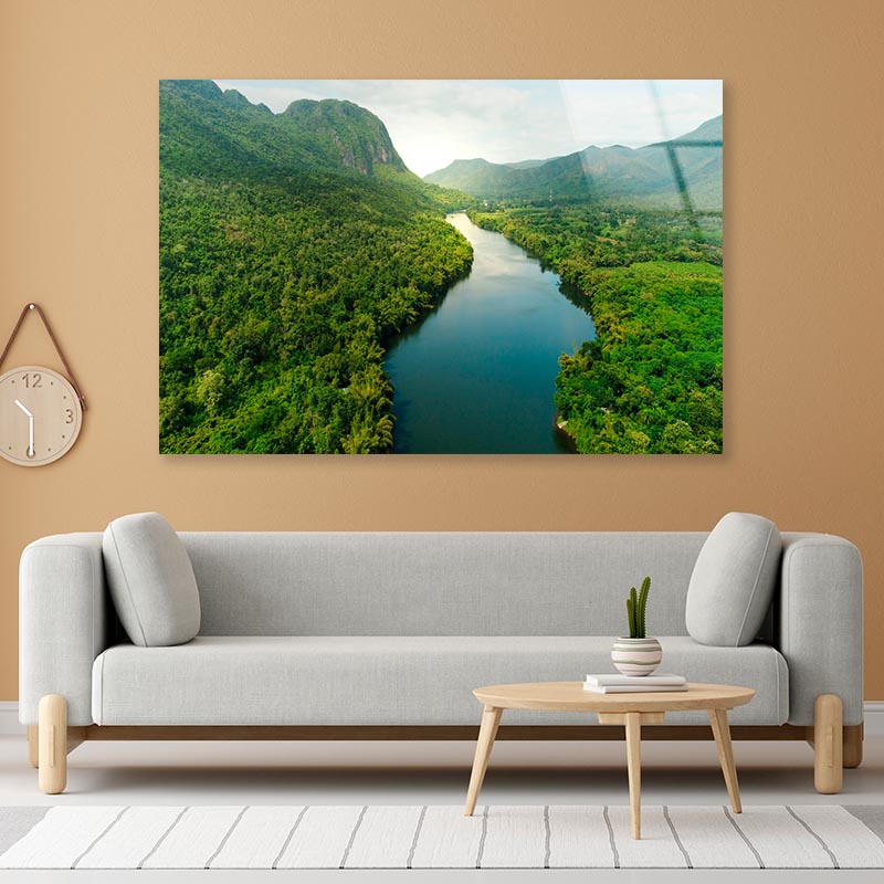 Aerial View Of River in Tropical Green Forest with Mountains in Background Acrylic Glass Print Tempered Glass Wall Art 100% Made in Australia Ready to Hang