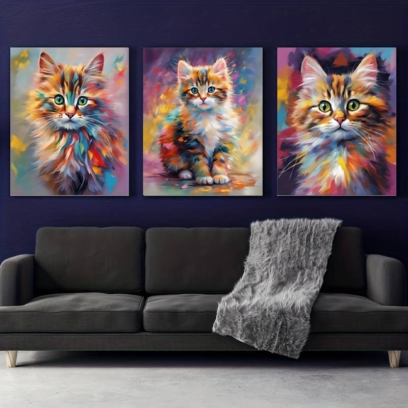 3pcs Colorful Cute Cat Themed Paintings Metal Print Ready to Hang Art