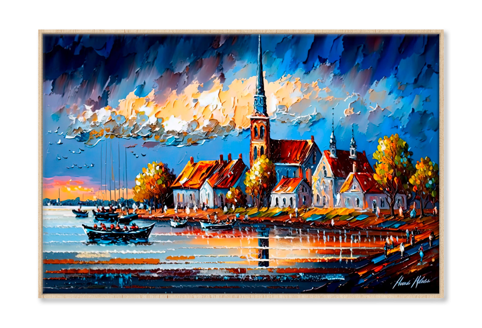 Europe Coastal Line Village Oil Painting Wall Art Limited Edition High Quality Print Canvas Box Framed Natural