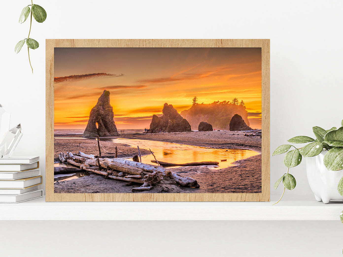 Ruby Beach At Dusk In USA Glass Framed Wall Art, Ready to Hang Quality Print Without White Border Oak