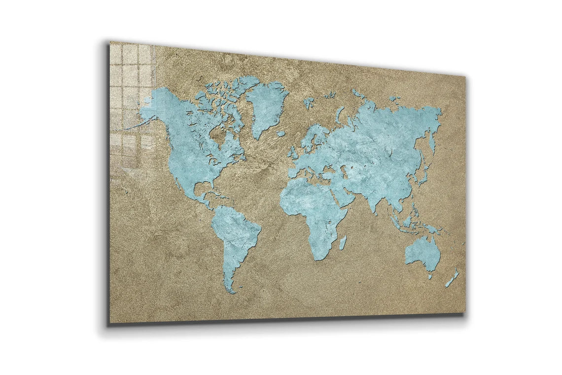 Vintage Blue World Map UV Direct Aluminum Print Australian Made Quality