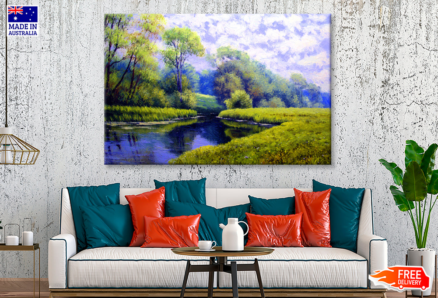 Green Grass Field & Trees near River Oil Painting Wall Art Limited Edition High Quality Print