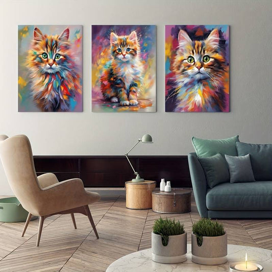 3pcs Colorful Cute Cat Themed Paintings Wall Art Set Canvas Framed 60x90cm - High Quality Print 100% Australian Made Wall Canvas Ready to Hang