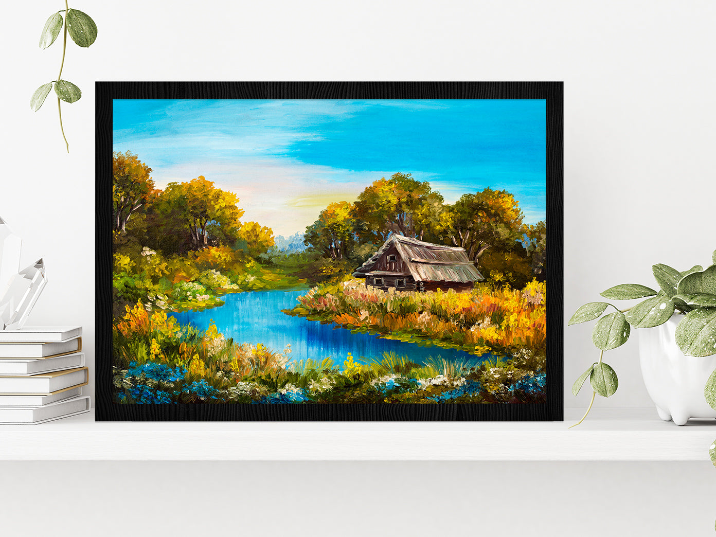 Farmhouse Near The River Oil Painting Glass Framed Wall Art, Ready to Hang Quality Print Without White Border Black