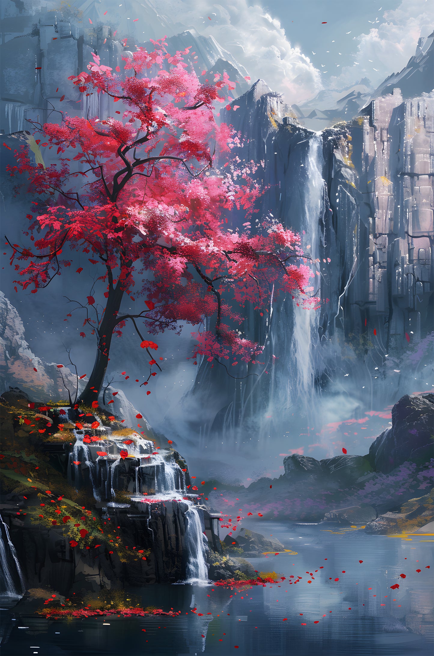 Japanese Cherry Blossom Waterfall  40x60cm Metal Print Ready to Hang