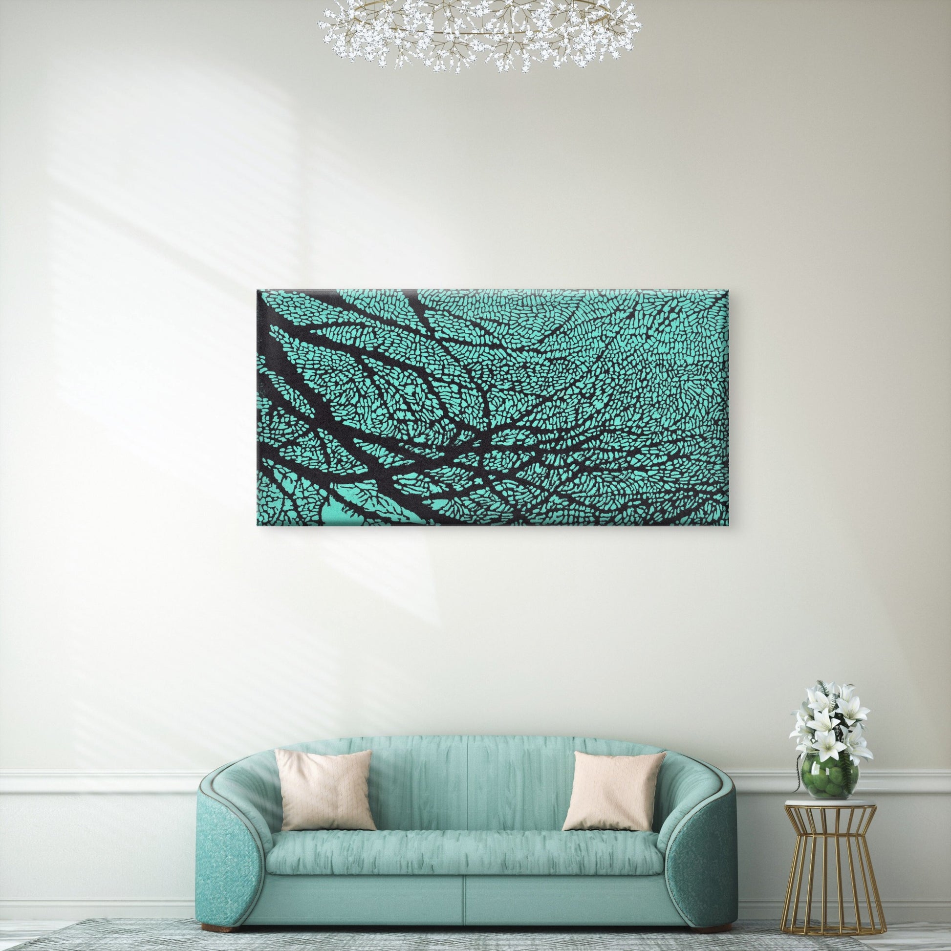 Teal Organic Cellular Pattern Wall Art Canvas Office Home Room Framed 120x60cm - Bella Home Decor