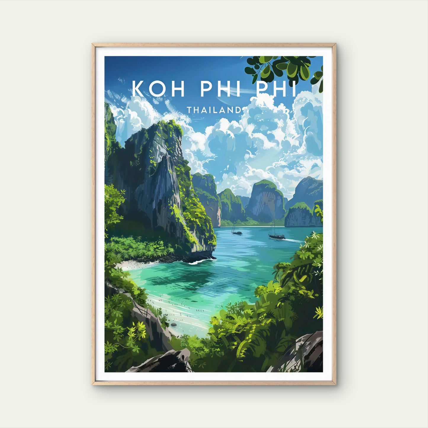 Koh Phi Phi Islands Thailand Tropical Beach Lush Green Cliffs Travel Poster Print Wall Art