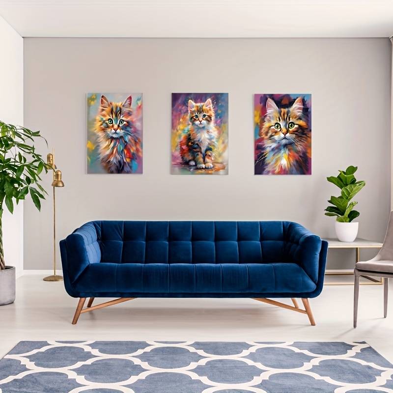 3pcs Colorful Cute Cat Themed Paintings Metal Print Ready to Hang Art