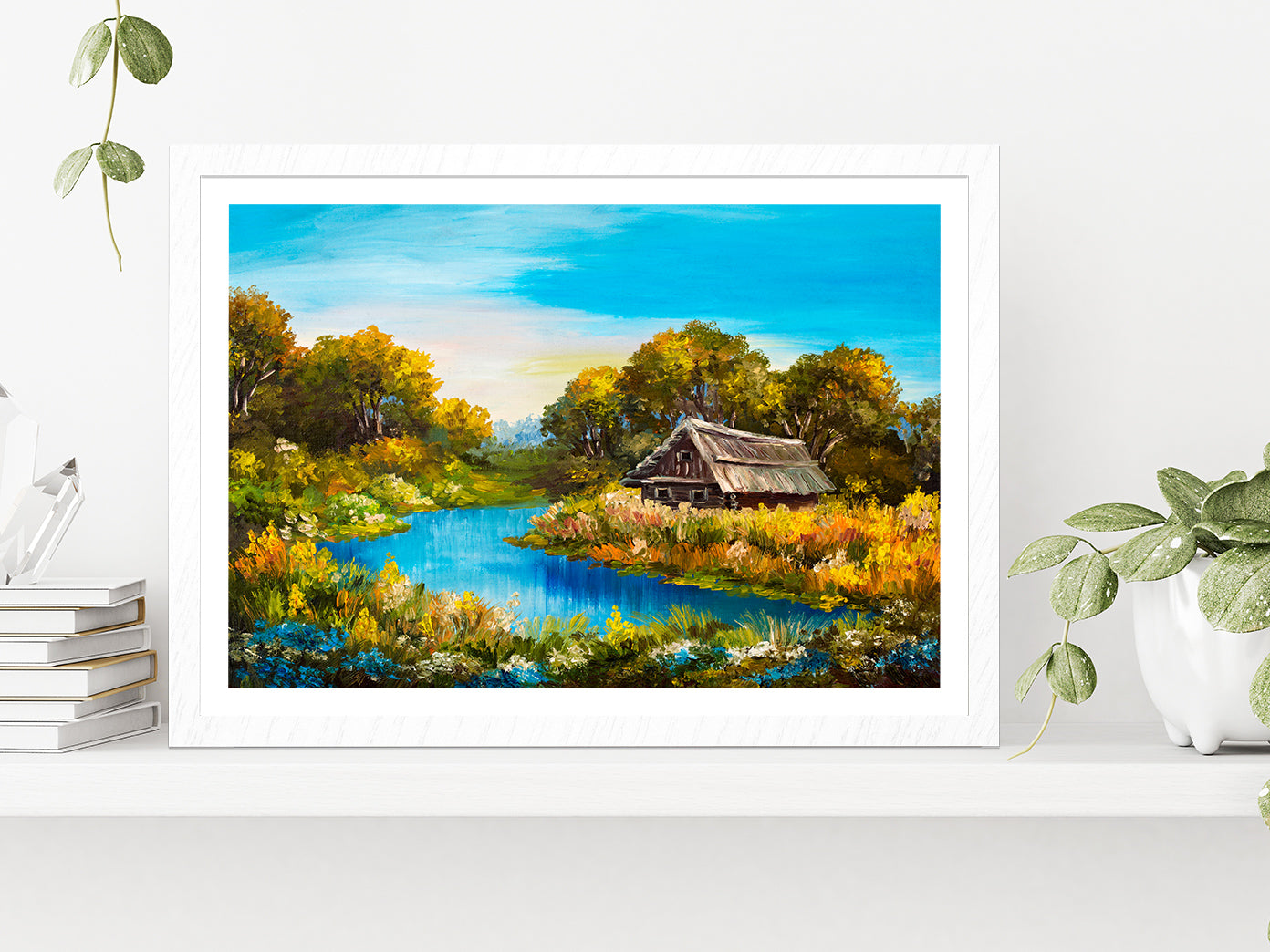 Farmhouse Near The River Oil Painting Glass Framed Wall Art, Ready to Hang Quality Print With White Border White