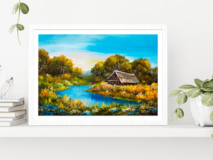 Farmhouse Near The River Oil Painting Glass Framed Wall Art, Ready to Hang Quality Print With White Border White