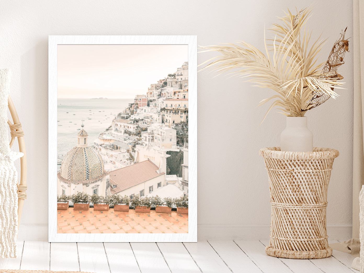 Sea & Houses Skyline Faded Photograph Glass Framed Wall Art, Ready to Hang Quality Print Without White Border White