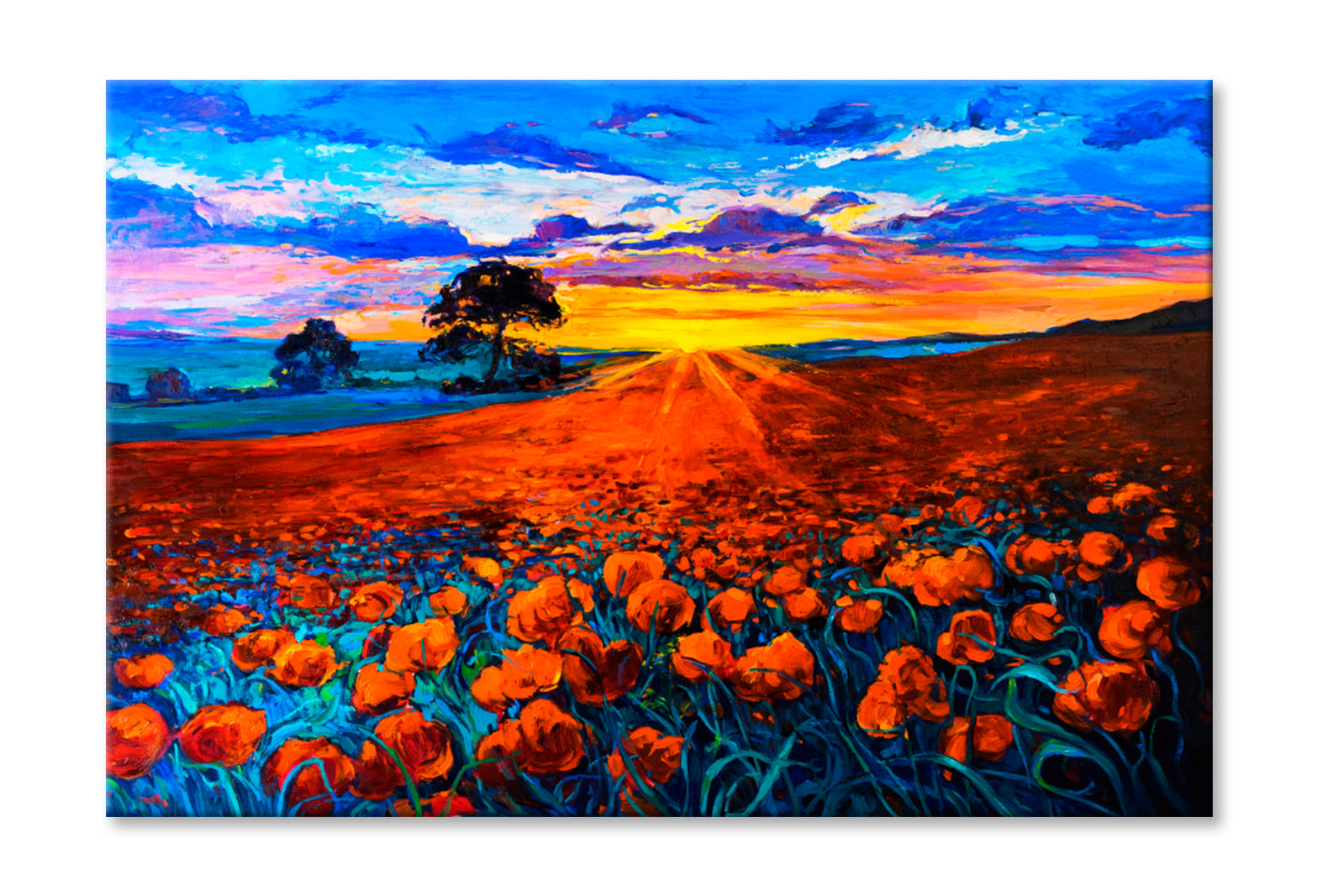 Poppy Field, Sunset Oil Painting Wall Art Limited Edition High Quality Print Stretched Canvas None