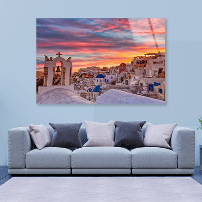 Santorini In Greece with Sunset Acrylic Glass Print Tempered Glass Wall Art 100% Made in Australia Ready to Hang - Bella Home Decor