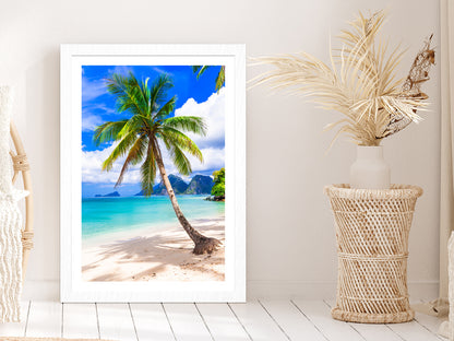 Sandy Beach & Palm Tree with Blue Sky View Glass Framed Wall Art, Ready to Hang Quality Print With White Border White