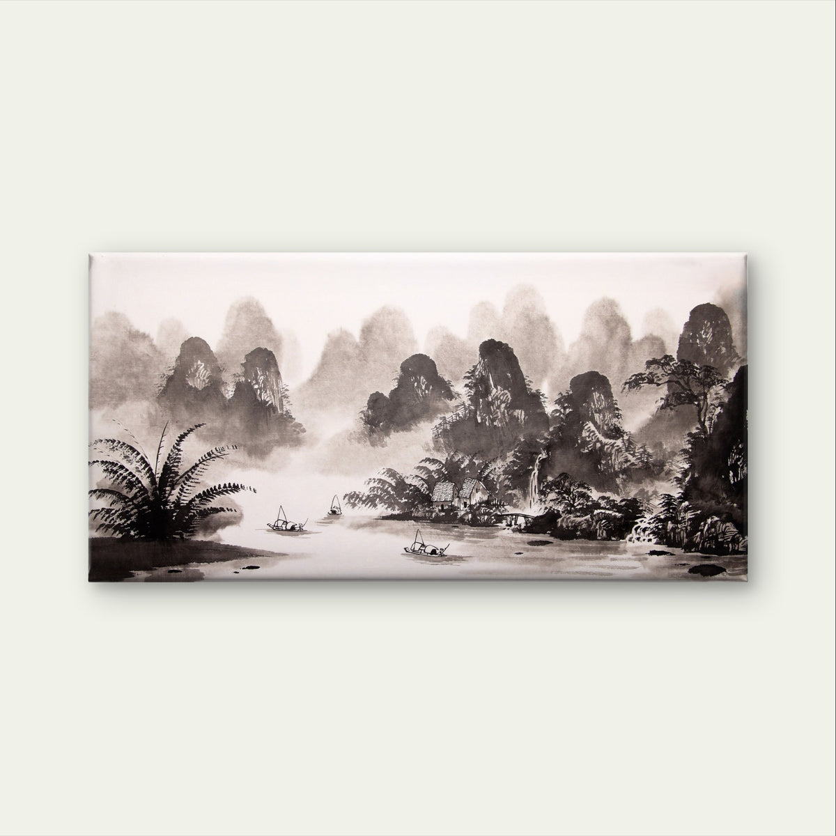 Chinese Ink Wash Village River Landscape Painting Wall Art Canvas Office Home Framed 120x60cm