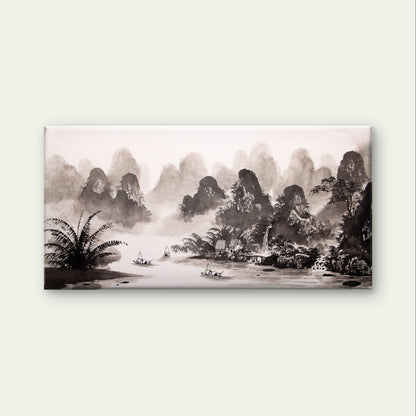 Chinese Ink Wash Village River Landscape Painting Wall Art Canvas Office Home Framed 120x60cm