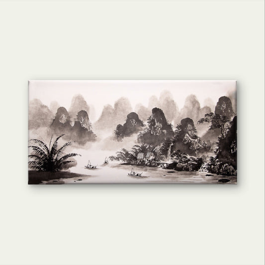 Chinese Ink Wash Village River Landscape Painting Wall Art Canvas Office Home Framed 120x60cm