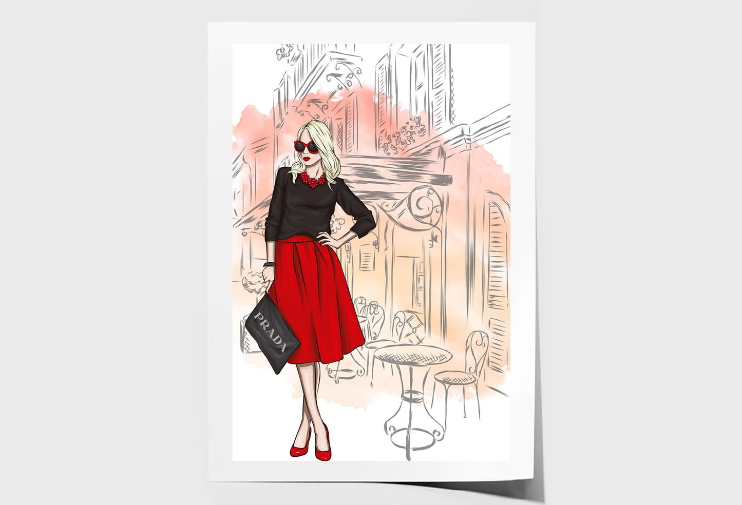 Red Shade Fashion Store with Lady Wall Art Limited Edition High Quality Print Unframed Roll Canvas None