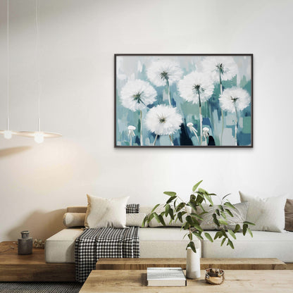 Oil Painting of White Dandelion Blue Green Abstract Wall Art Decor 100% Australian Made