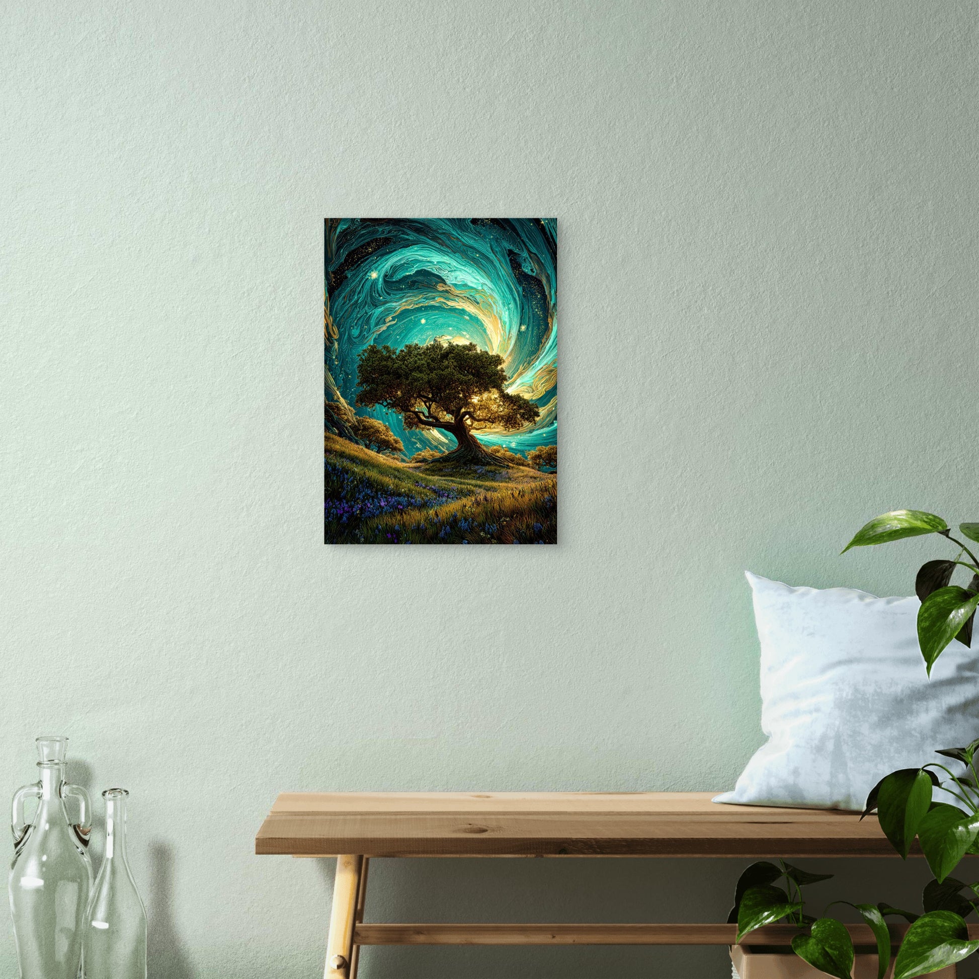 Cosmic Gold Teal Oak Tree 60x90cm Metal Print Ready to Hang - Bella Home Decor