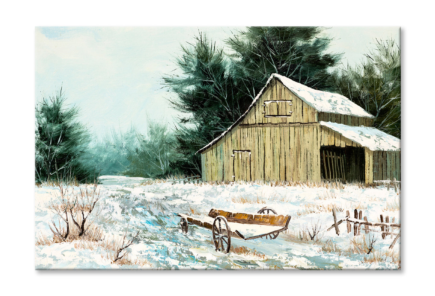 Old Barn House & Wooden Wagon in Winter Painting Wall Art Limited Edition High Quality Print Stretched Canvas None