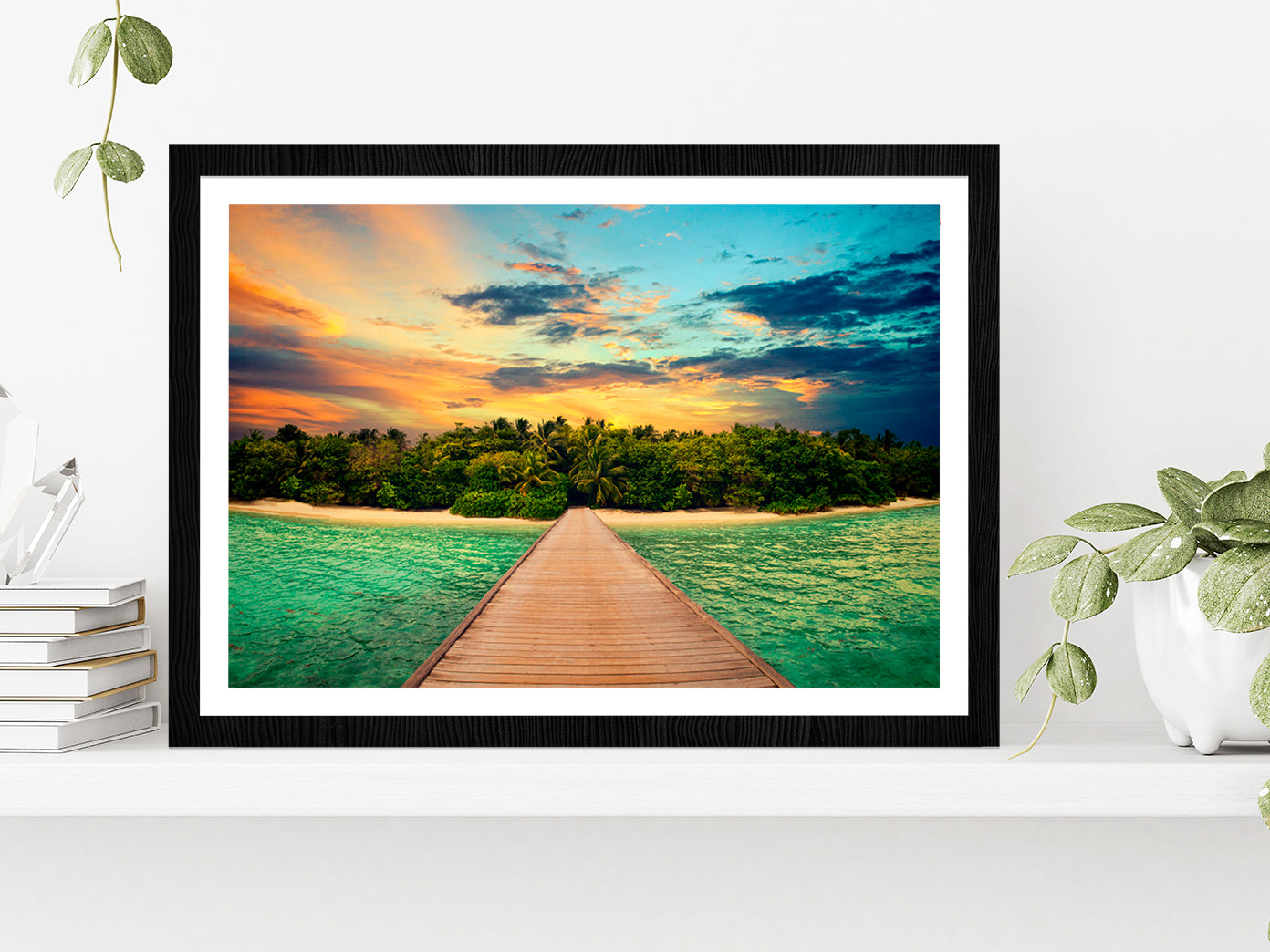 Tropical Island & Blue Orange Sky Glass Framed Wall Art, Ready to Hang Quality Print With White Border Black