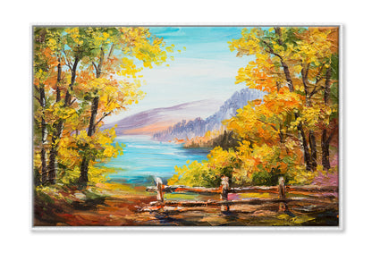 Autumn Forest near Mountain Lake Watercolor Painting Wall Art Limited Edition High Quality Print Canvas Box Framed White