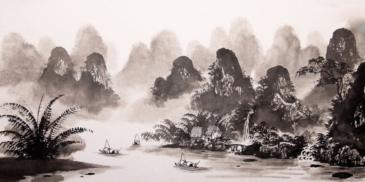 Chinese Ink Wash Village River Landscape Painting Wall Art Canvas Office Home Framed 120x60cm