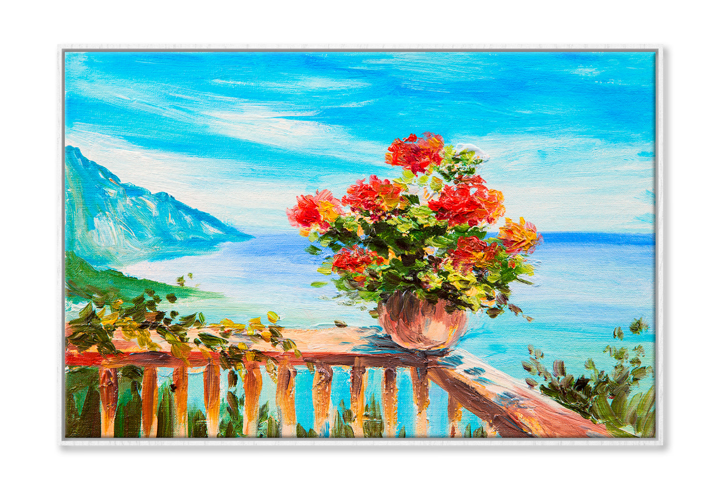 Bouquet Of Flowers & Sea, Coast Near The Mountains Oil Painting Wall Art Limited Edition High Quality Print Canvas Box Framed White