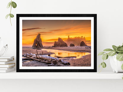 Ruby Beach At Dusk In USA Glass Framed Wall Art, Ready to Hang Quality Print With White Border Black