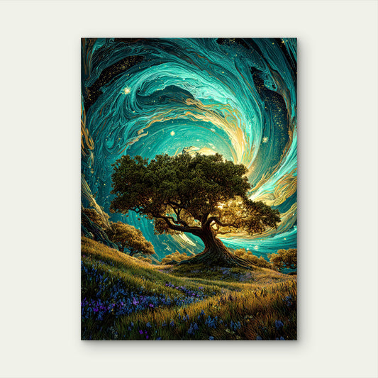 Cosmic Gold Teal Oak Tree 40x60cm Metal Print Ready to Hang