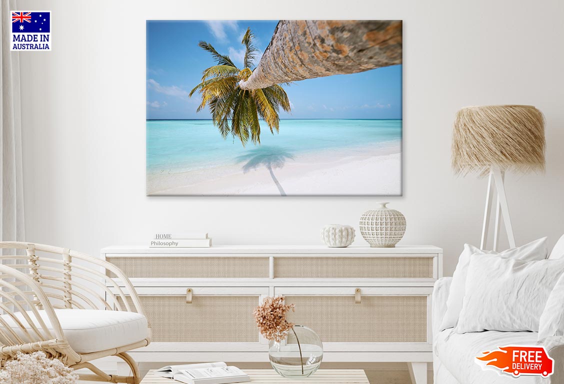 Palm Tree On White Sand Beach Print 100% Australian Made